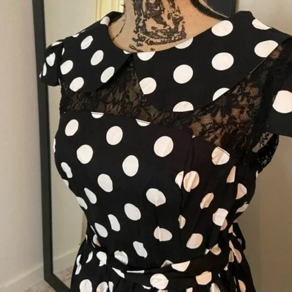 Hearts & Roses London Black White Polka Dot Lace Cap Sleeve Swing Dress EUC 14 - Picture 6 of 7